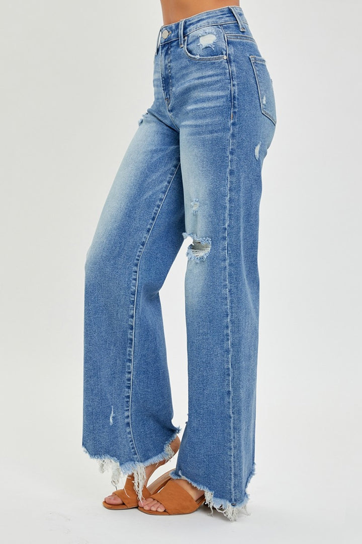 High Rise Frayed Hem Wide Leg Jeans