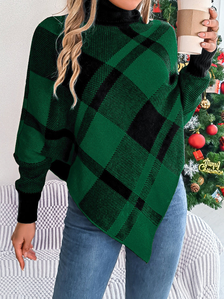 Holiday Plaid Turtleneck Batwing Sleeve Sweater