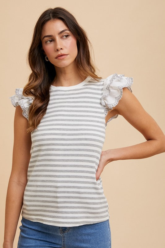 Ruffled Striped Round Neck Cap Sleeve Knit Top