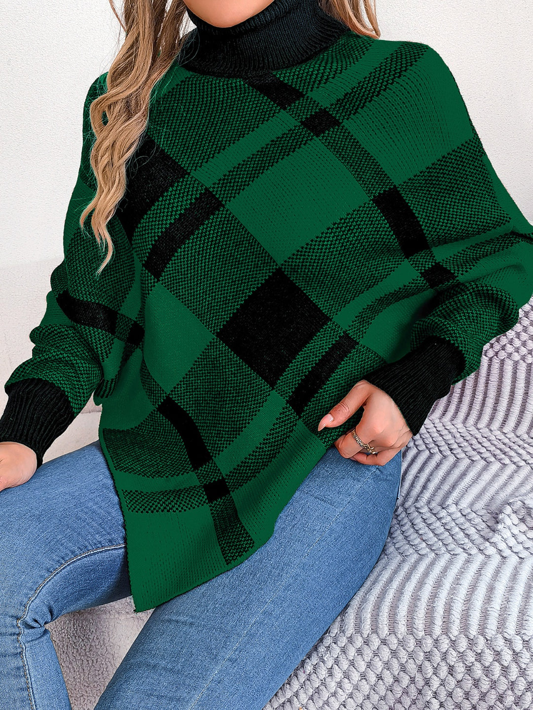 Holiday Plaid Turtleneck Batwing Sleeve Sweater