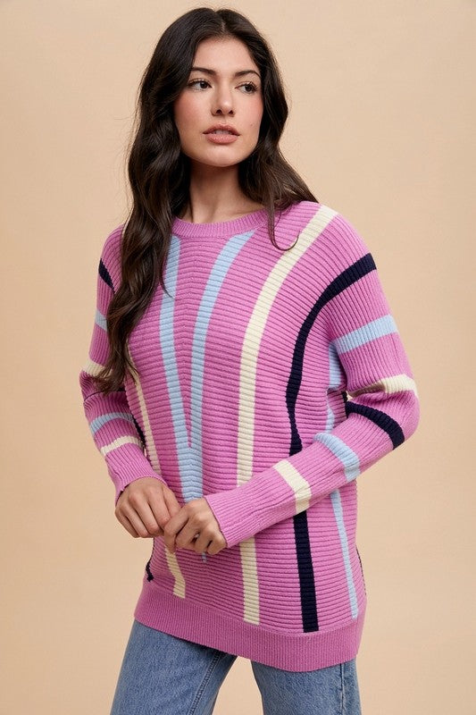 Chevron Stripe Round Neck Ribbed Sweater