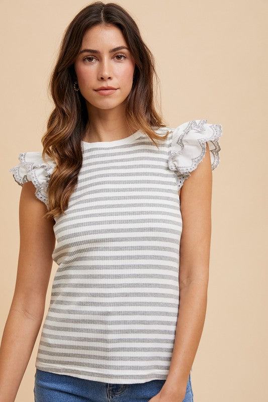 Ruffled Striped Round Neck Cap Sleeve Knit Top