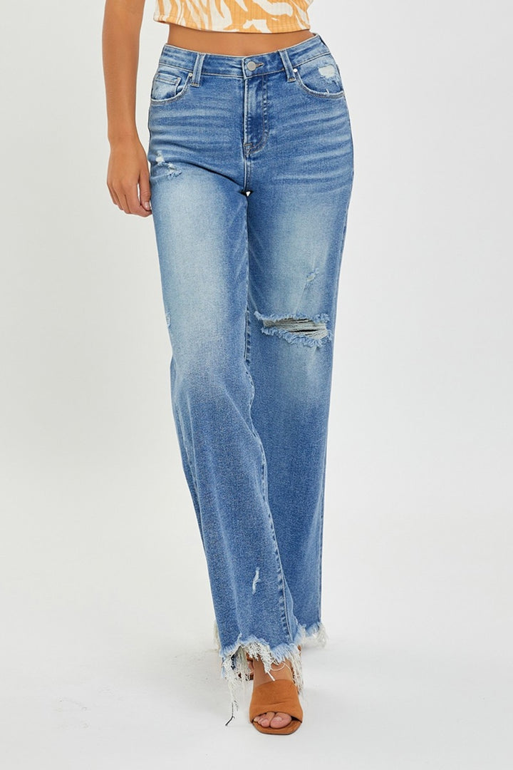 High Rise Frayed Hem Wide Leg Jeans