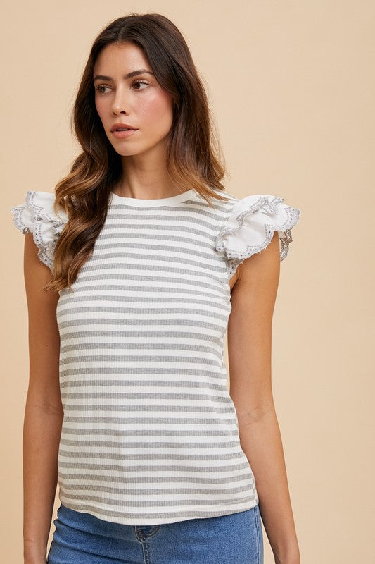 Ruffled Striped Round Neck Cap Sleeve Knit Top