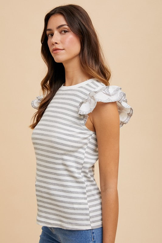 Ruffled Striped Round Neck Cap Sleeve Knit Top