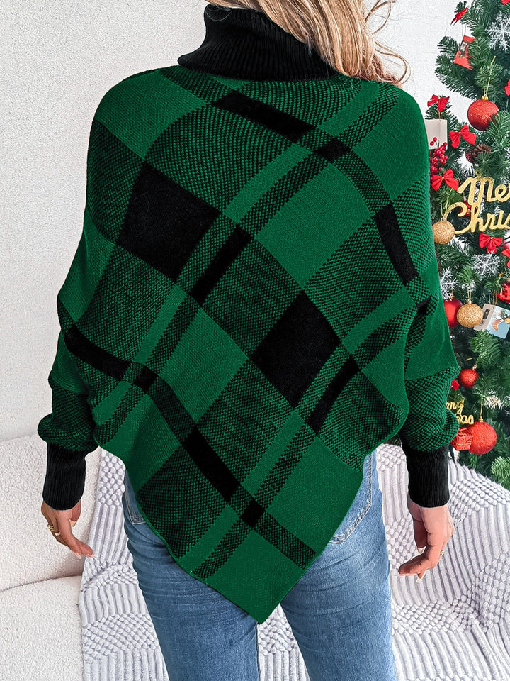 Holiday Plaid Turtleneck Batwing Sleeve Sweater